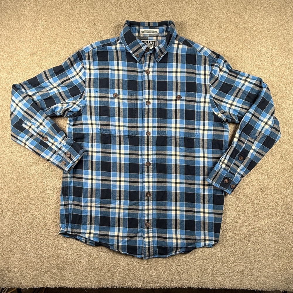 Duluth Trading Co Free Swingin Flannel Shirt Mens Large Slim Fit Blue Plaid L/S